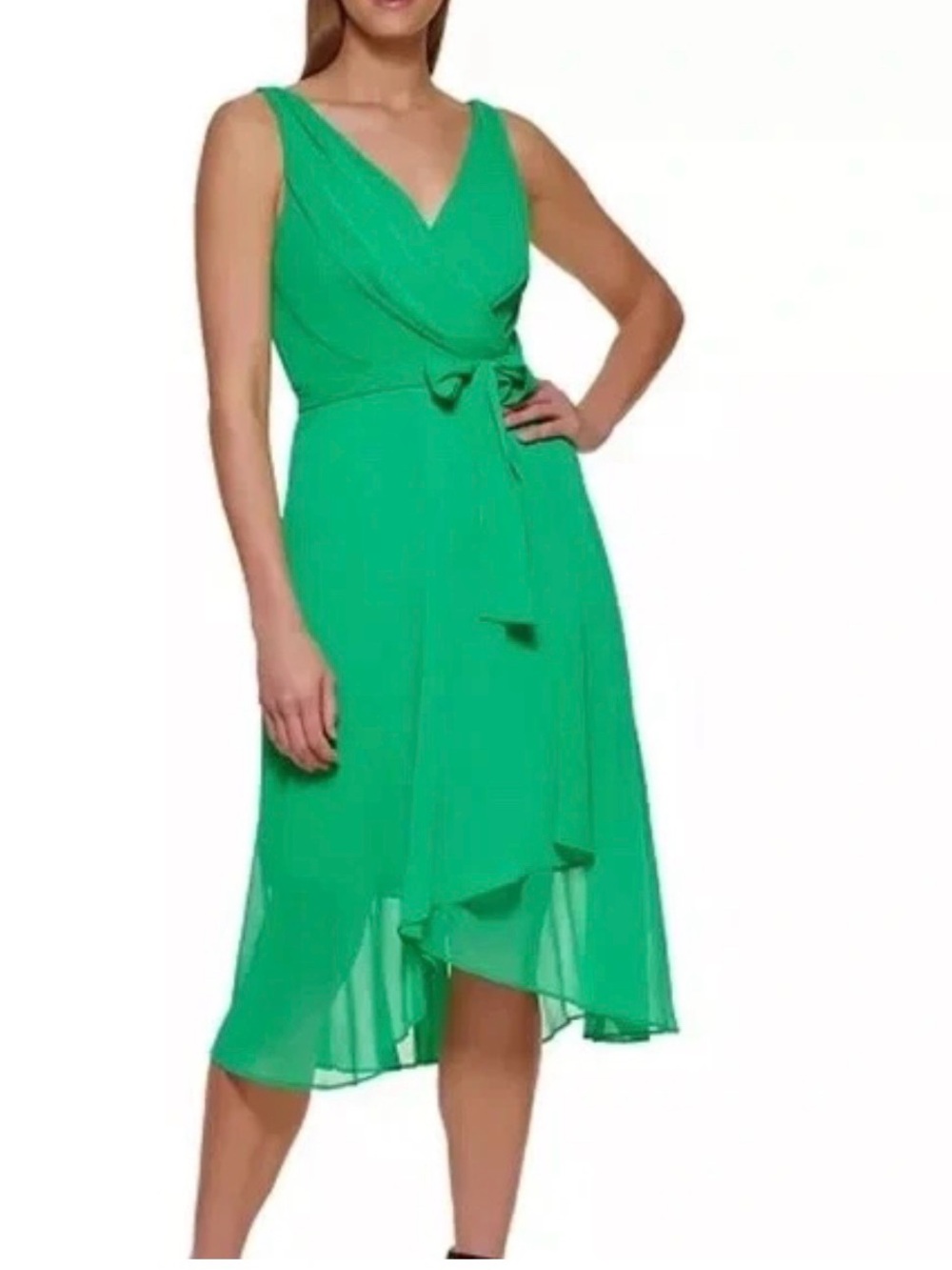 DKNY Green Wrap Midi Dress Tie Waist Chiffon Sleeveless Size 6